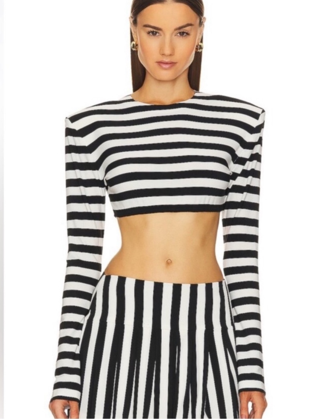 Norma Kamali Cropped Shoulder Pad Long Sleeve Striped Crew Top in Black Sz S